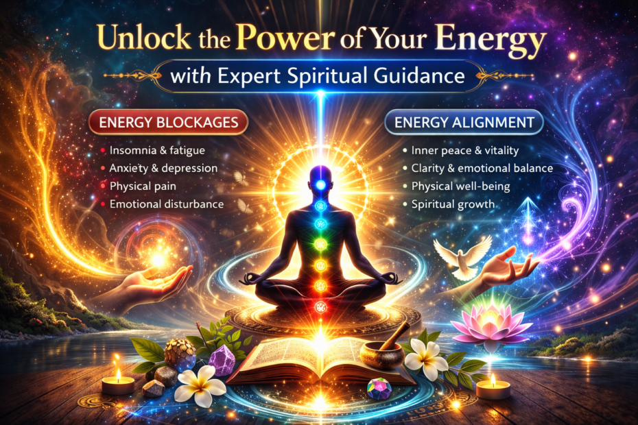 Meditating figure with glowing chakras and energy alignment infographic